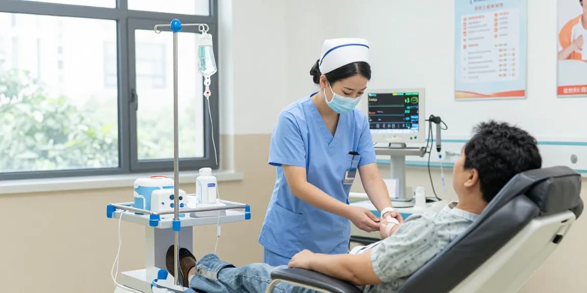 Patient receiving an iv catheter in a modern healthcare setting with a nurse by their side