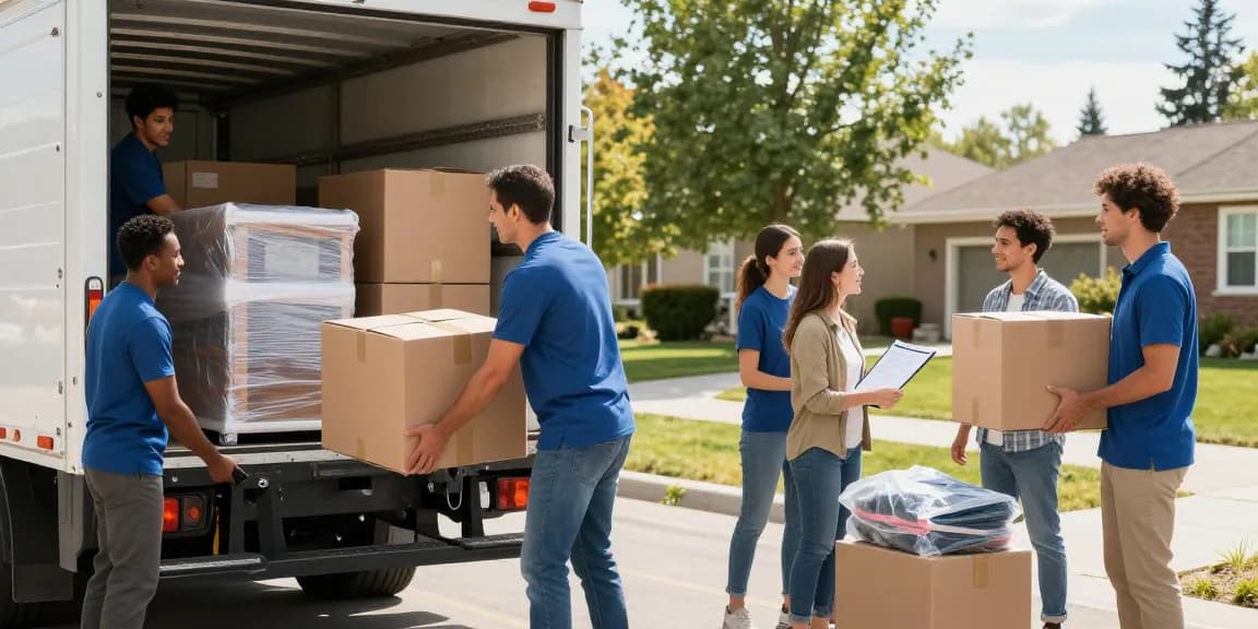 Professional apartments movers assisting a family on moving day in Calgary, showcasing organized loading of a truck.