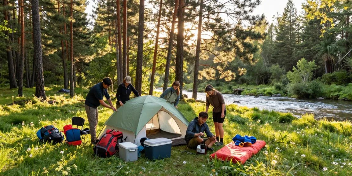 Group of friends enjoying the outdoors with rokok88 camping gear in a scenic forest setting.