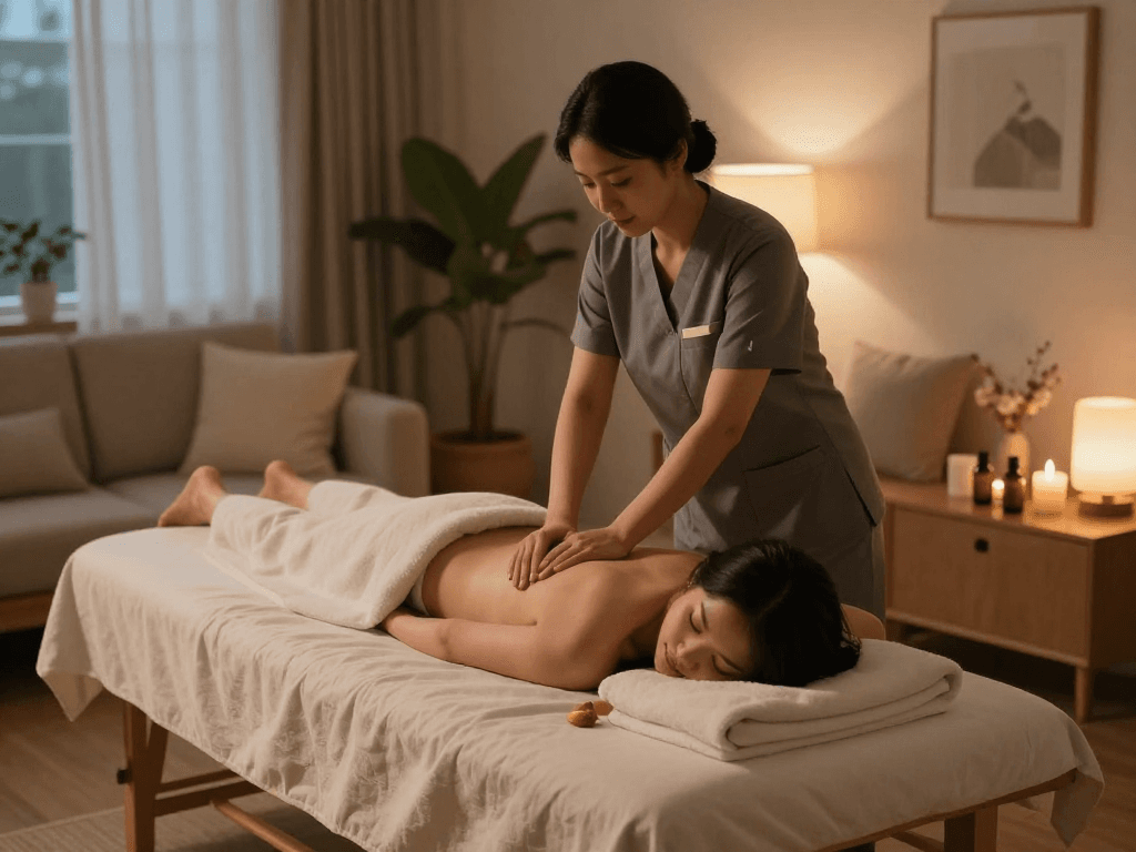 광명출장안마 offering serene home massage services with a professional therapist preparing a calming environment for relaxation.