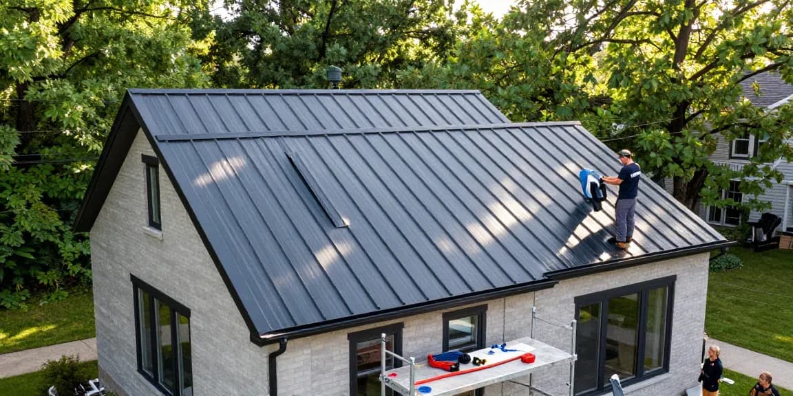 Completed metal roofing projects Ontario showcasing modern standing seam roof installation on a two-storey home.
