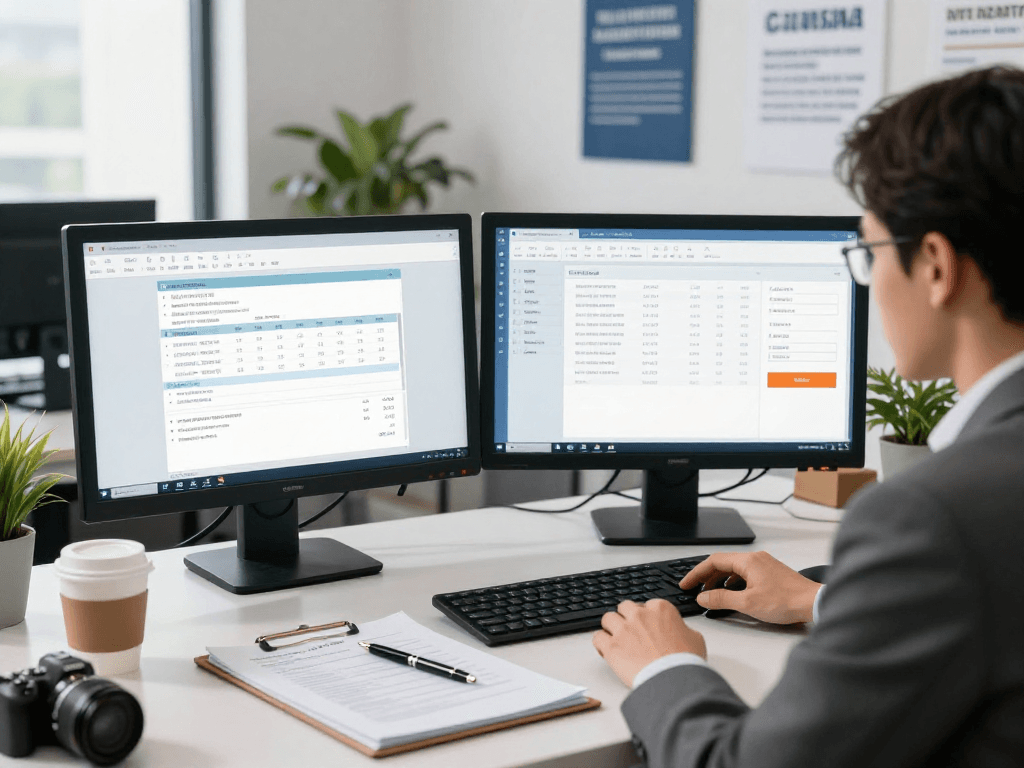 Compliance officer reviewing document fraud detection software in a modern office.