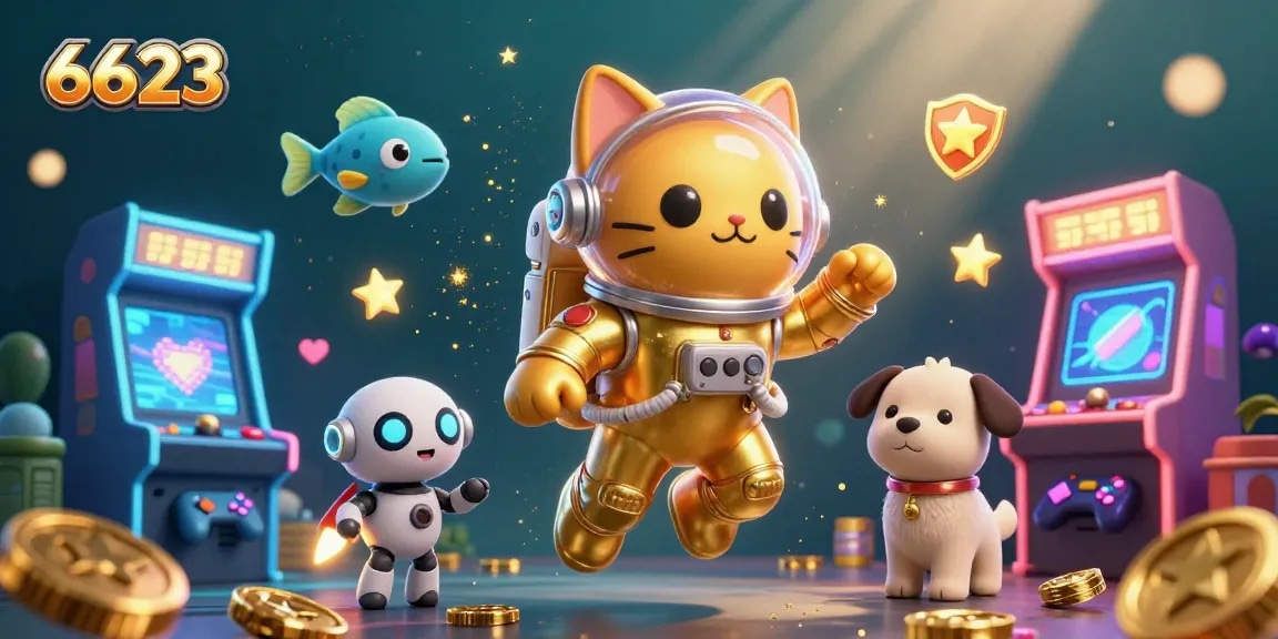 Engage in thrilling gameplay at 6623 with an exciting 3D illustration featuring a space astronaut cat and dynamic gaming elements.