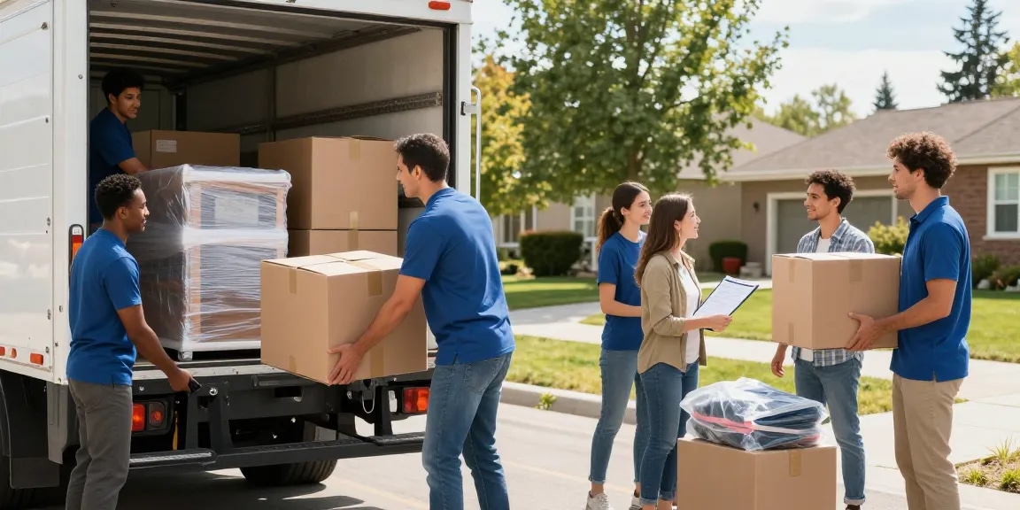 Professional apartments movers assisting a family on moving day in Calgary, showcasing organized loading of a truck.