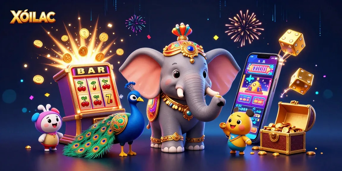 Engage in thrilling gameplay with XOILAC as the vibrant characters celebrate jackpots and winning moments in a casino illustration.