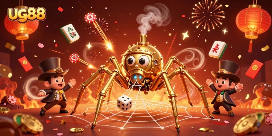 Engage with ug88 for dynamic casino thrills featuring a golden spider and vibrant game elements.
