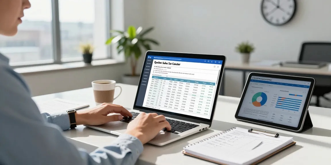 Using the quebec sales tax calculator 2026 in a modern workspace, highlighting detailed tax calculations.