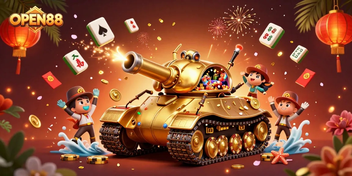 Experience the thrill of OPEN88 with a dynamic casino scene featuring a golden beetle tank.