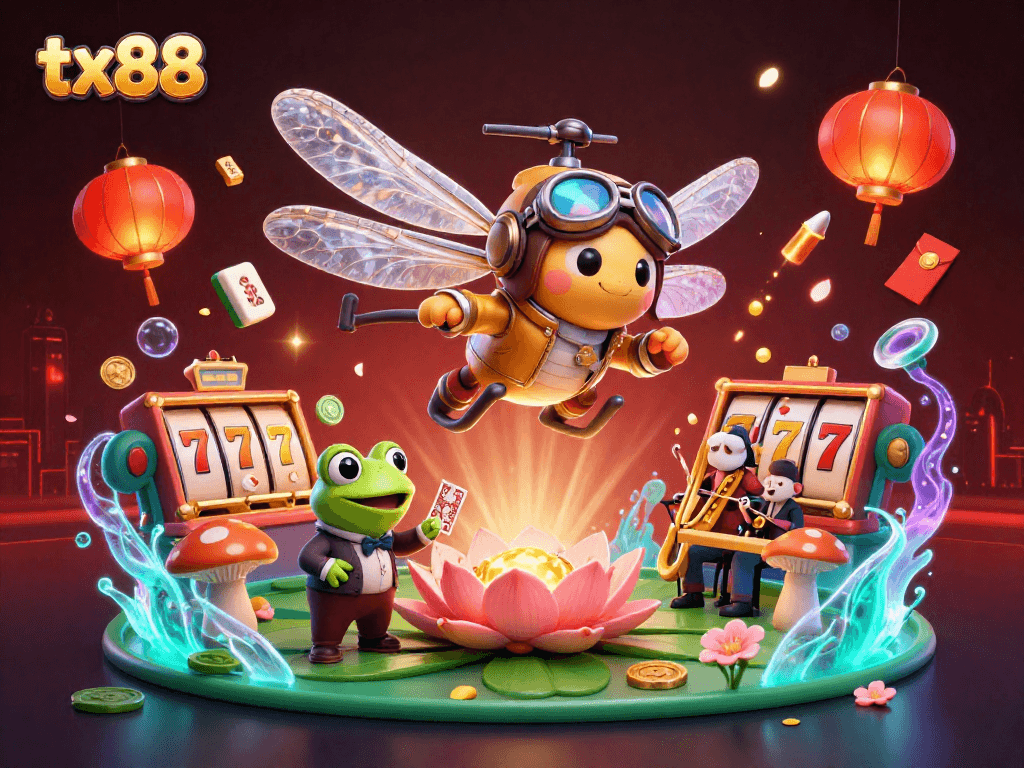 Engage in thrilling casino excitement with tx88 as unique characters showcase vibrant gaming elements in a lively scene.