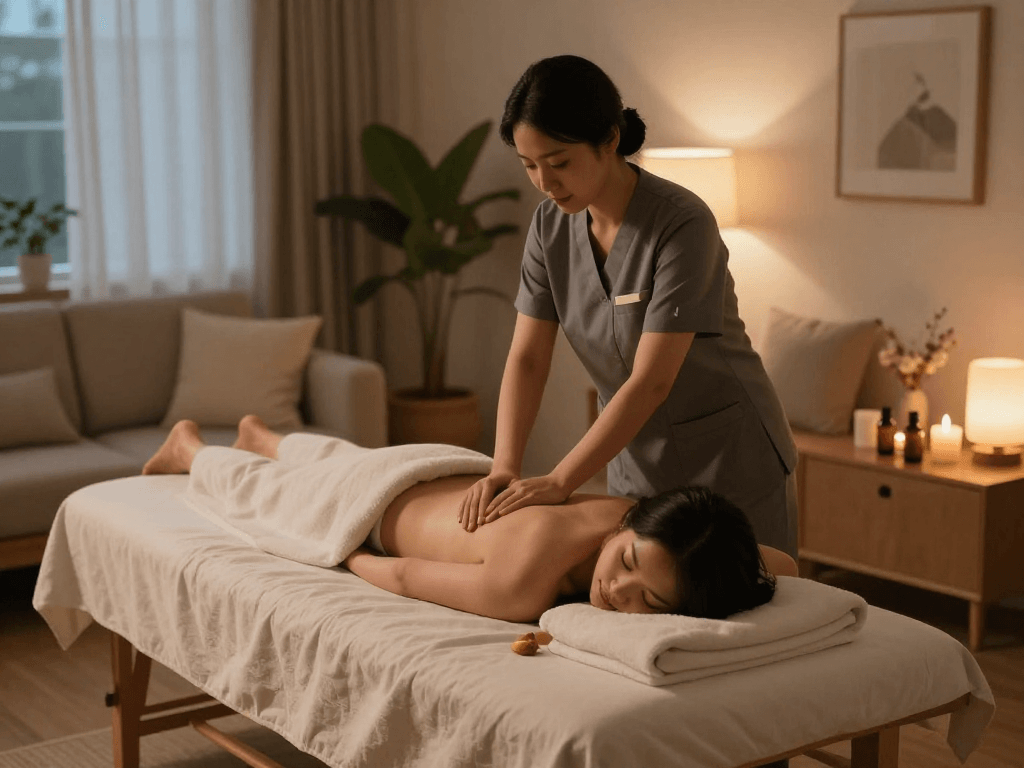 광명출장안마 offering serene home massage services with a professional therapist preparing a calming environment for relaxation.