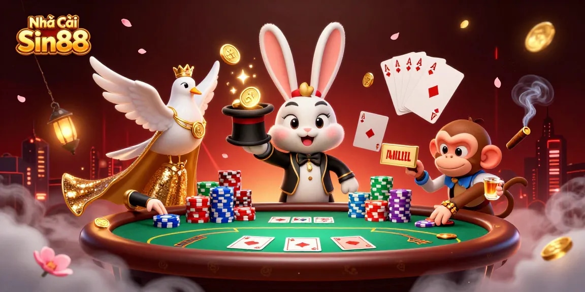 Experience the thrill at Nhà cái Sin88 with vibrant casino action featuring poker and magical elements.
