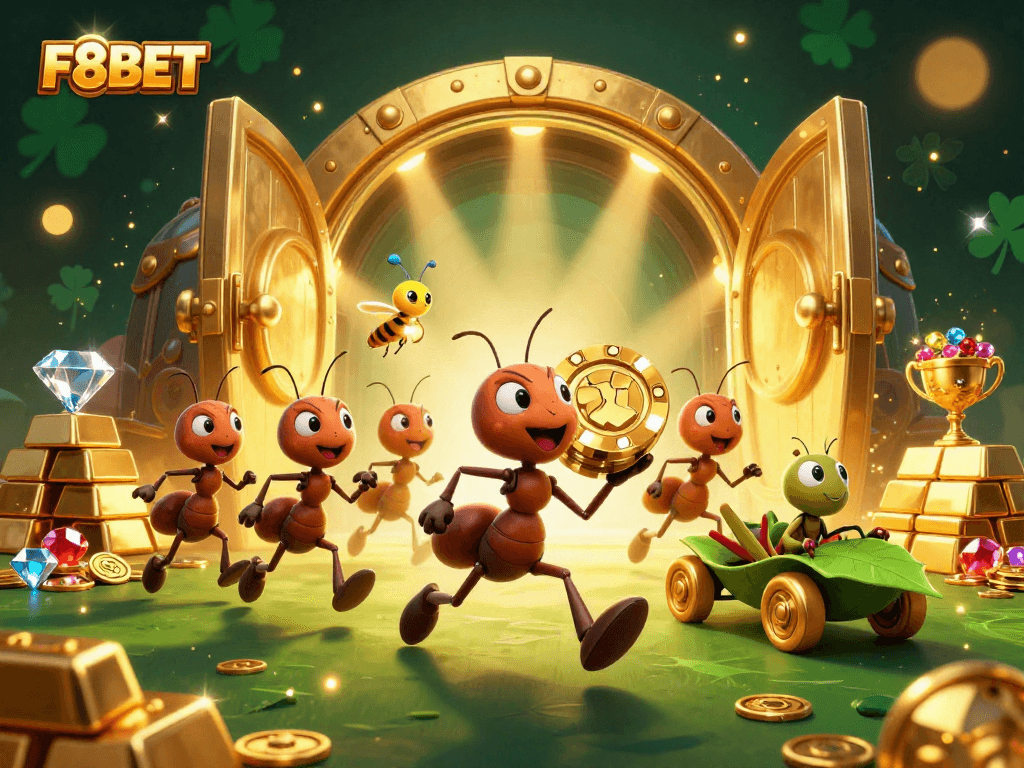 Experience thrilling F8BET gameplay as ants steal a giant poker chip in a vibrant heist scene.