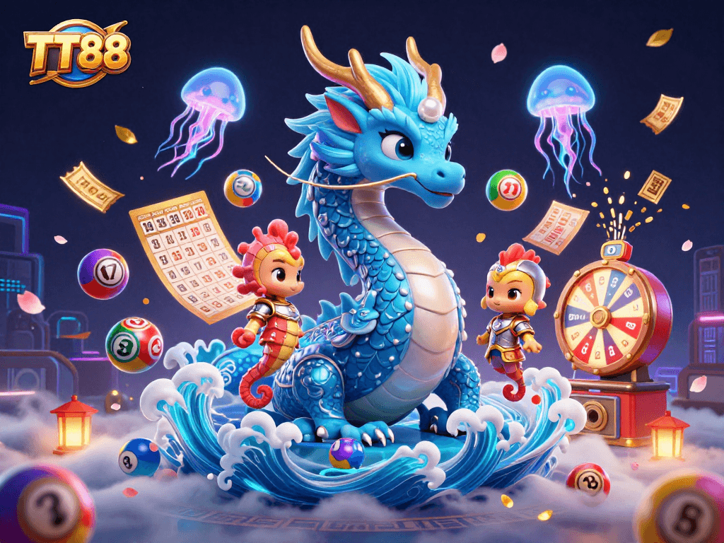 Experience TT88 with an enchanting 3D scene of casino-inspired sea creatures and playful lottery elements.