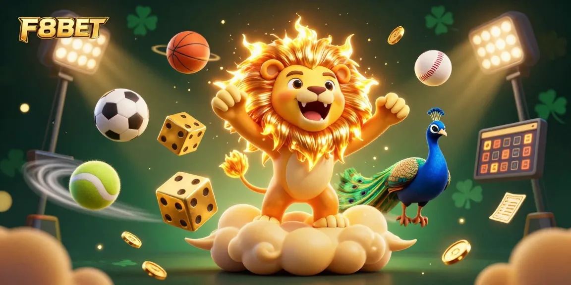 Engage with F8BET’s thrilling casino experiences as golden dice roll by a roaring sun lion on a dynamic gaming platform.