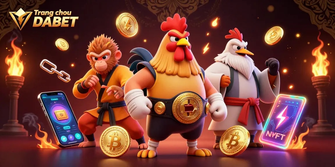 Experience the thrill at Trang chủ DABET with vibrant casino illustration featuring martial artists and crypto elements.