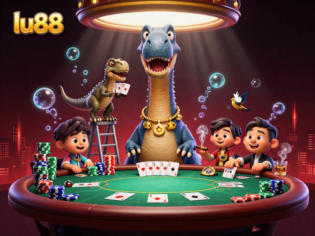 Engage in thrilling poker action at lu88 with a colossal brontosaurus overseeing the game.