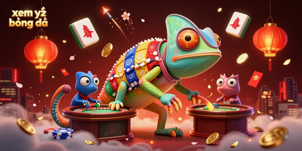 Experience xem trực tiếp bóng đá with an elaborate 3D character scene featuring casino elements and vibrant colors.