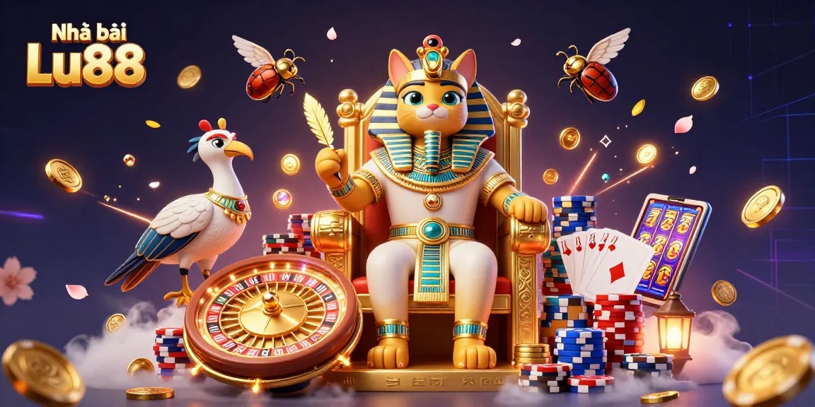 Engage with Nhà cái Lu88 featuring Egyptian pharaoh cat and thrilling casino elements.