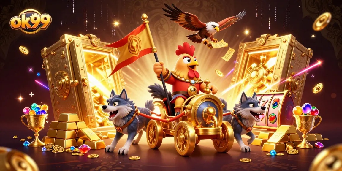 Experience thrilling gaming action with ok99 featuring a rooster warlord alongside gold treasures and slot reels.