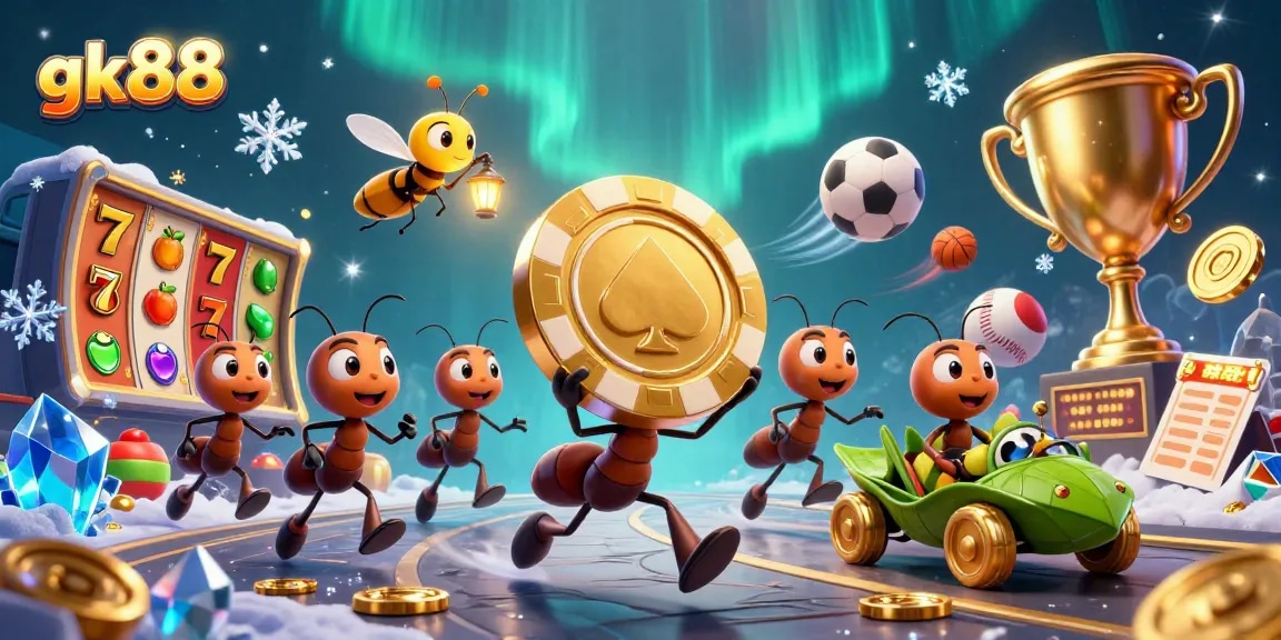 Experience the thrilling gk88 adventure with cartoon ants carrying giant poker chips in a vibrant casino scene.