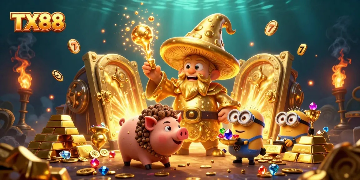 TX88 showcases a lively casino scene with magical characters transforming treasures and slot symbols.