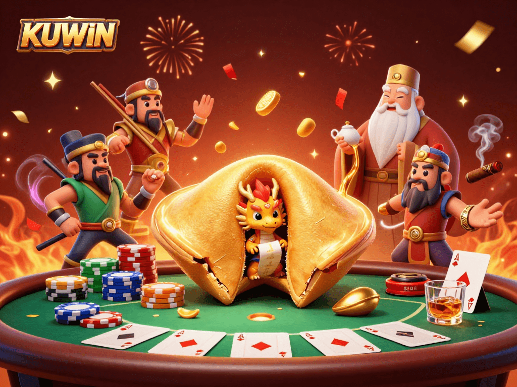 Experience the excitement of KUWIN with dynamic casino elements featuring a golden fortune cookie and poker elements.