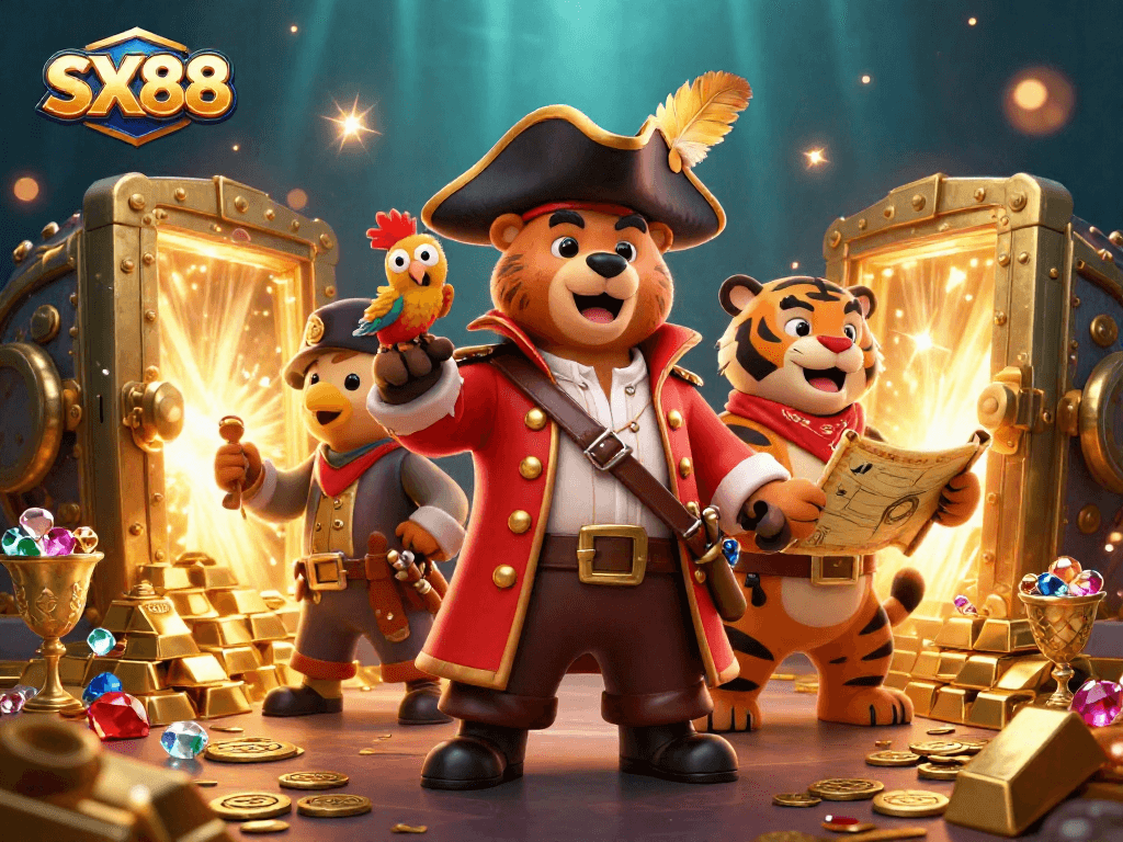 SX88 offers thrilling jackpot chances with pirate-themed adventures and treasure in an exciting casino setting.