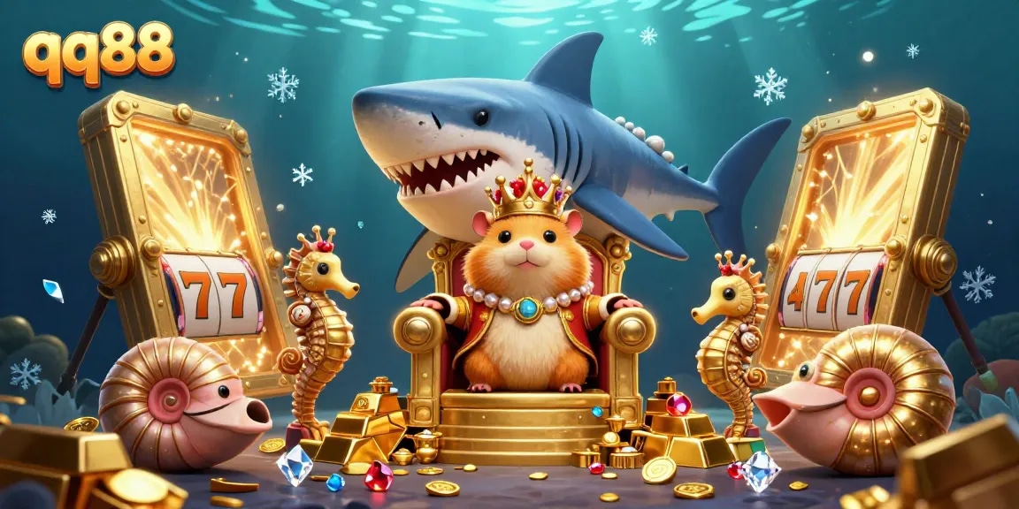Experience the thrilling world of qq88 with a golden hamster king ruling over a vibrant treasure-filled scene.