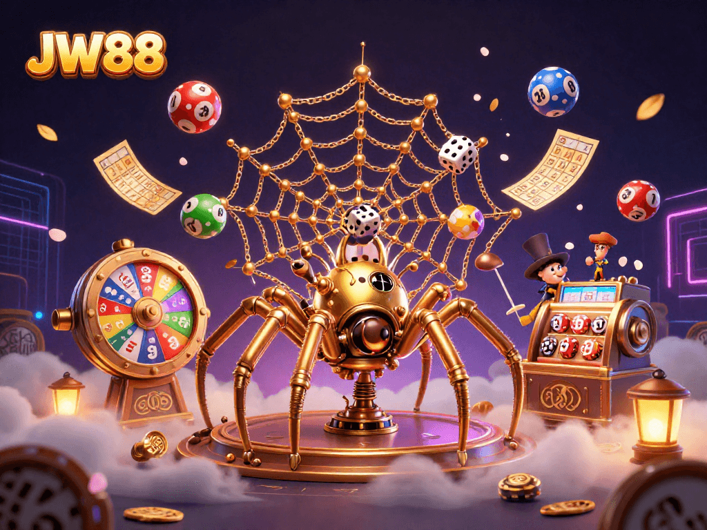Engage with JW88 as the steampunk spider weaves a golden web of chance and excitement in gambling.