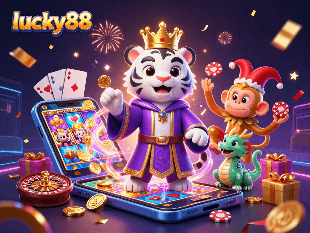 Engage with lucky88's gaming world featuring a regal tiger, monkey juggler, and jade dragon in a vibrant casino scene.