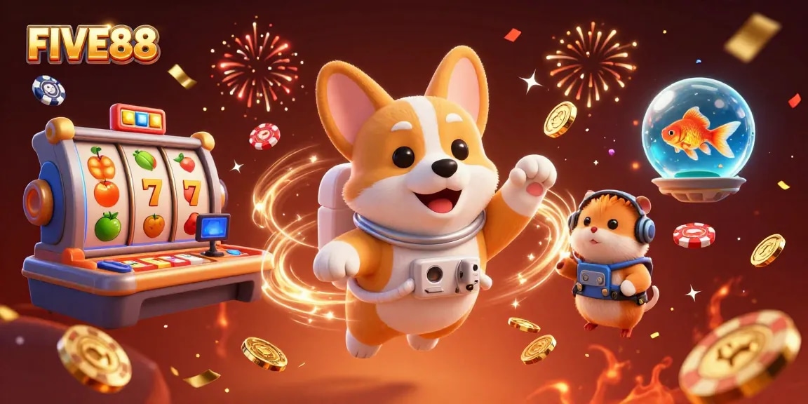 Experience the excitement of FIVE88 casino with an astronaut corgi in a vivid 3D space casino scene.