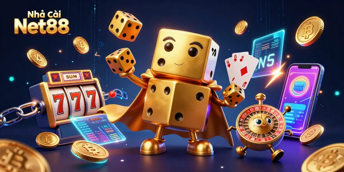 Engage with Nhà cái Net88 through an energetic casino scene featuring dynamic golden dice and vibrant slot game elements.