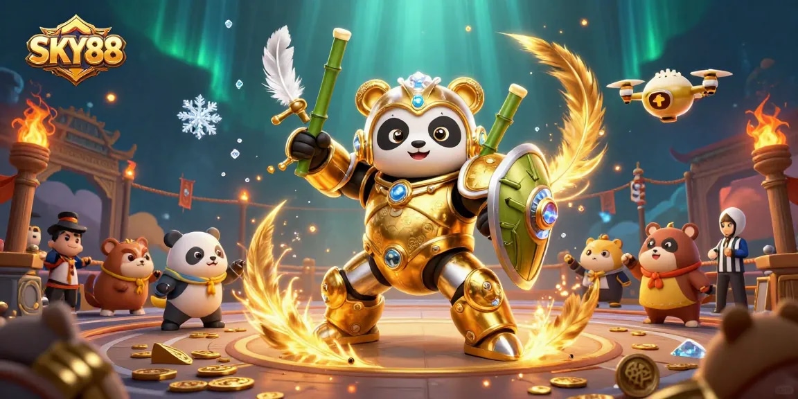 SKY88's vibrant online casino arena, featuring dynamic characters and thrilling gambling elements.