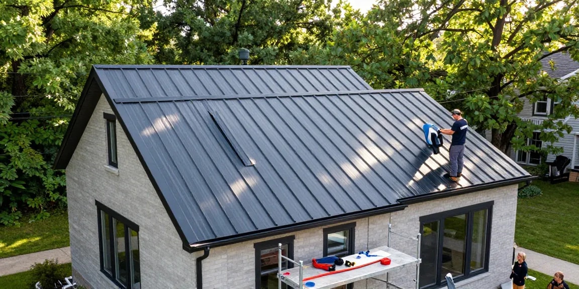 Completed metal roofing projects Ontario showcasing modern standing seam roof installation on a two-storey home.