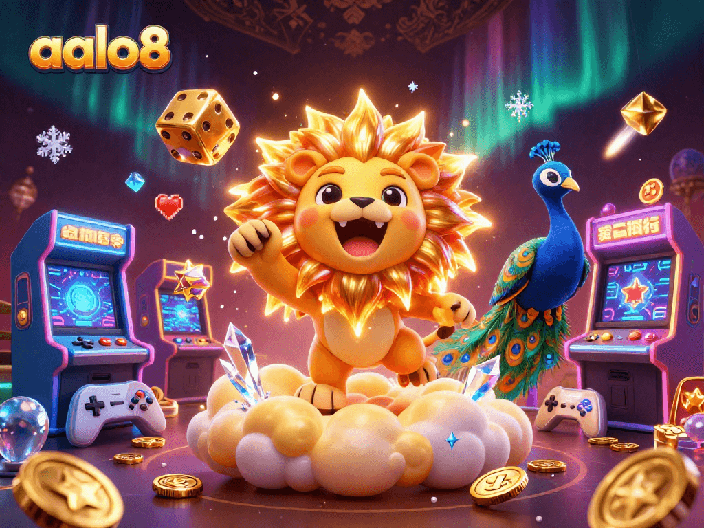 A thrilling aalo8 casino adventure illustrated with a roaring sun lion, golden dice, and game elements.