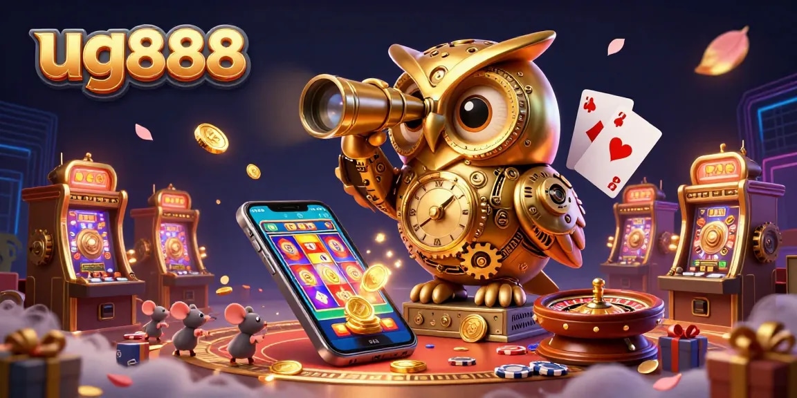 Engage in vibrant gaming with the ug888 brand, featuring a stunning clockwork owl and dynamic casino elements.