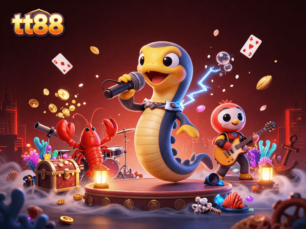 tt88 presents an electrifying underwater casino scene with characters and vibrant game elements.