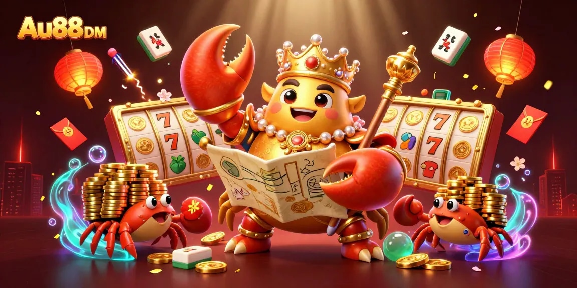 Engage with thrilling casino action at Au88 DM, featuring a vibrant 3D scene of a golden crab emperor surrounded by slots and treasures.