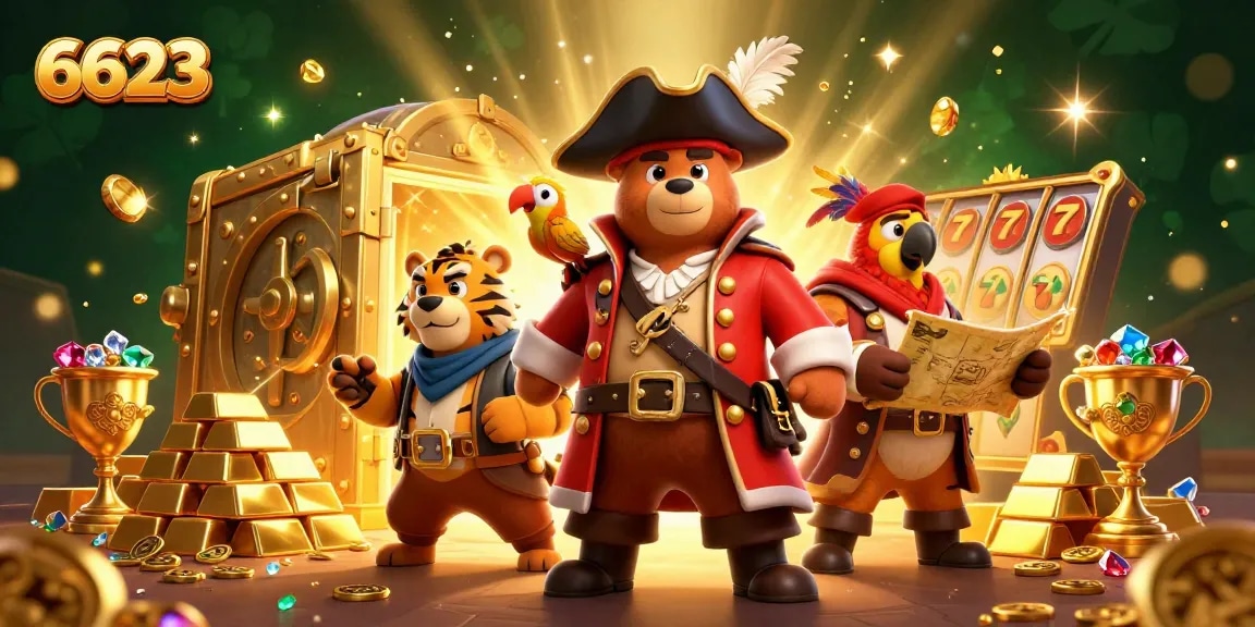 Experience thrilling wins at 6623 casino with dynamic characters amidst vibrant slots and treasure.