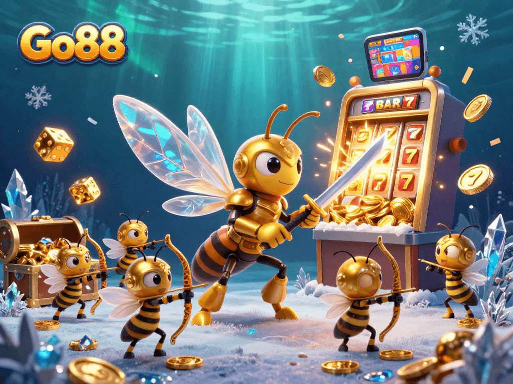 Experience the excitement of Go88 with this vibrant illustration of a golden hornet and dynamic casino elements.