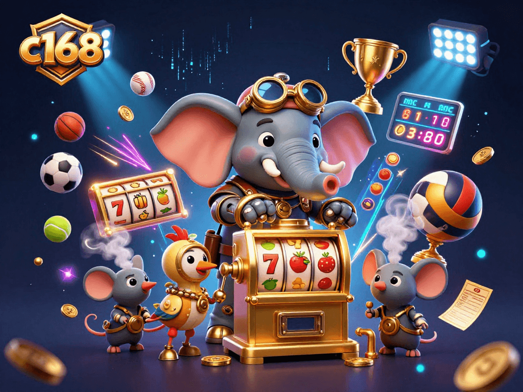 C168 players engaging with a vibrant steampunk-themed golden slot machine surrounded by dynamic gaming elements.