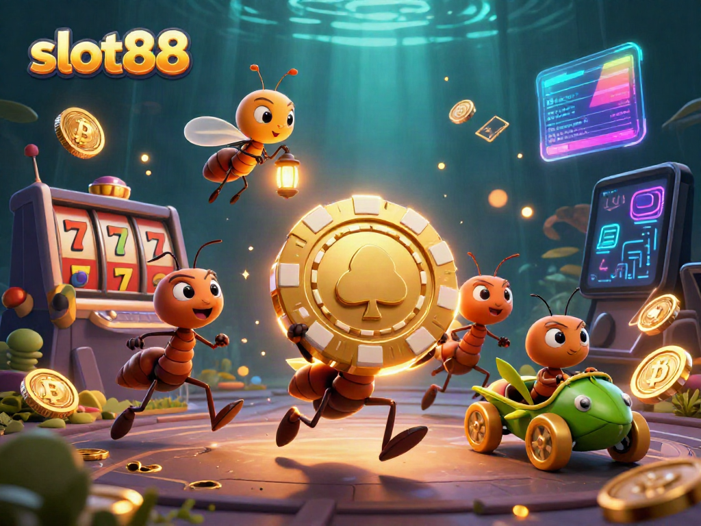 Ants carry a giant poker chip in a vibrant scene representing slot88 excitement and casino action.