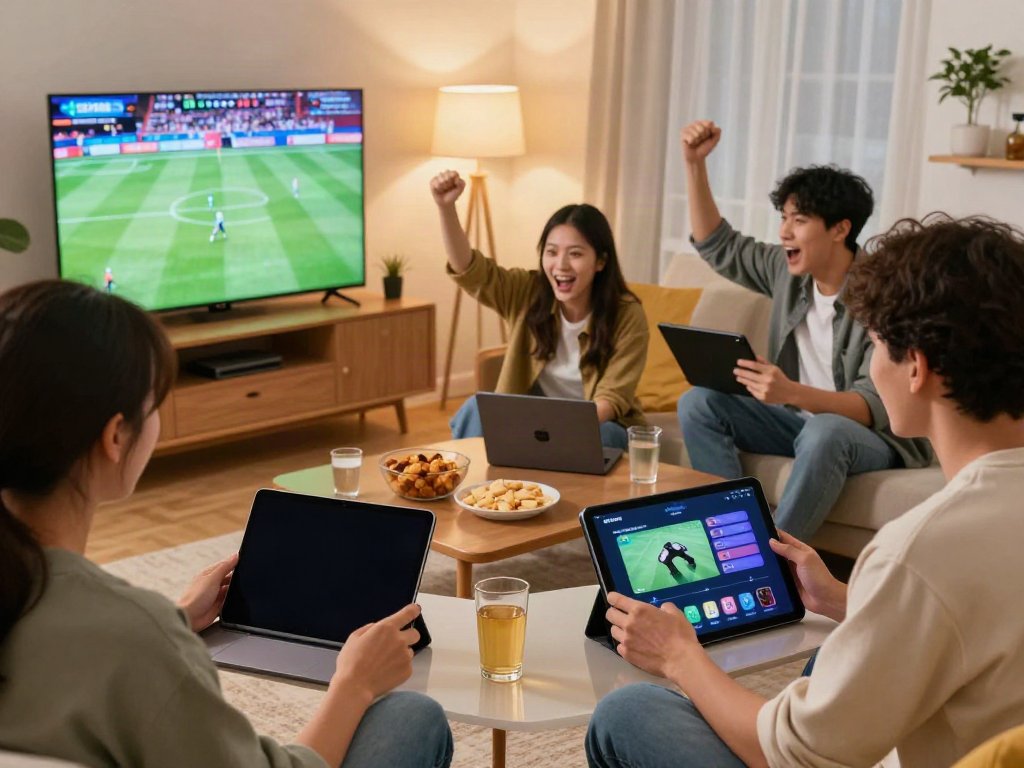Engaged friends enjoying diverse games on SKY88 platform in a cozy living room setting.