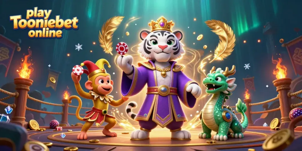 Experience the thrill and joy as you play Tooniebet online with a majestic white tiger and playful artifacts.