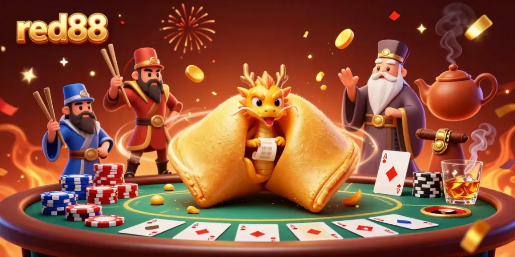 Engage in thrilling gameplay at red88 by deciphering fortunes from a giant golden cookie amidst poker elements.