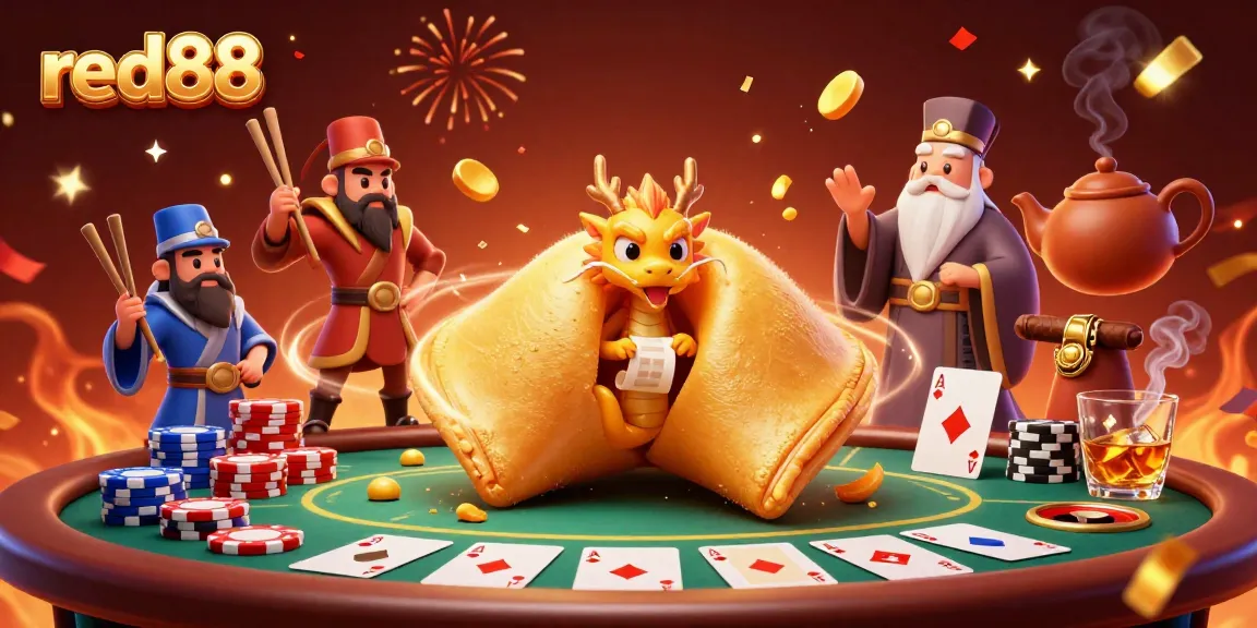 Engage in thrilling gameplay at red88 by deciphering fortunes from a giant golden cookie amidst poker elements.