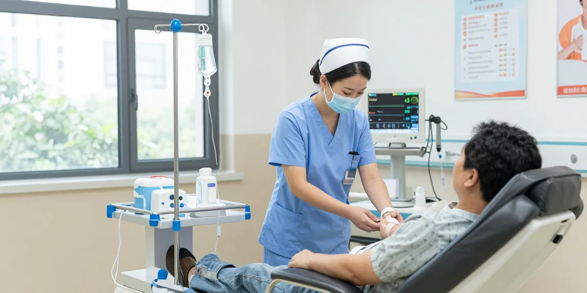 Patient receiving an iv catheter in a modern healthcare setting with a nurse by their side