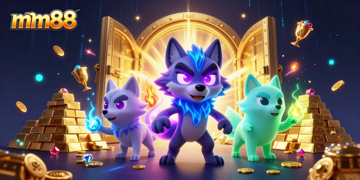 Engage with mm88's thrilling 3D scene featuring a shadow wolf pack leader amid gold treasures and vibrant casino elements.