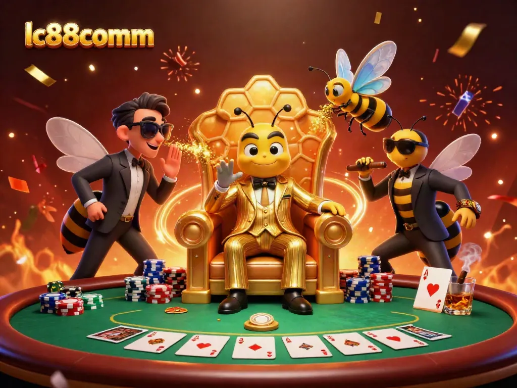 Join the thrill at lc88comm; a vibrant casino scene with colorful poker elements and animated characters.
