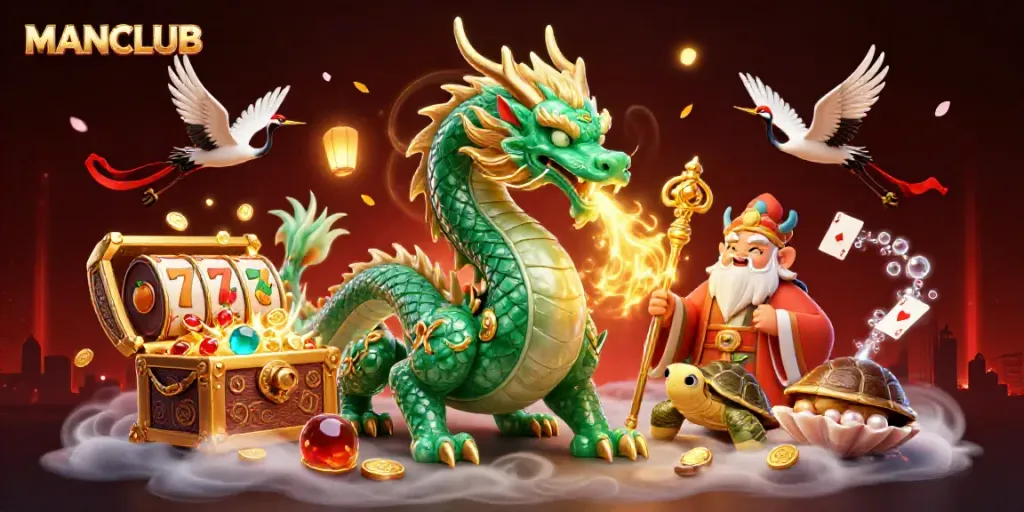 Engage with MANCLUB's vibrant casino universe featuring a jade dragon, sage turtle, and dynamic slot elements.